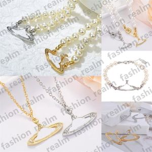 Parelkettingen kralen armband pin saturn stud oorbellen hanger ketting diamant Koper 18K Vergulde designer sieraden Clavicle208c