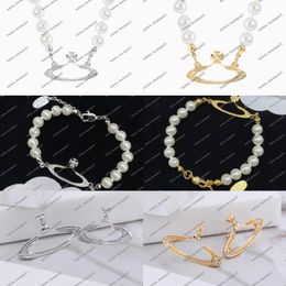 Parel Saturnus kettingen kralen armband pin oorbellen stud planeet hanger ketting diamant 18K goud zilver plaat designer sieraden sleutelbeen ketting link voor vrouwen vrouw