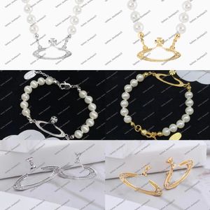 Collares de perlas de Saturno, cuentas, pulsera, pendientes, perno prisionero, planeta, colgante, collar, diamante, placa de plata de oro de 18 quilates, joyería de diseño, eslabón de cadena de clavícula para mujer