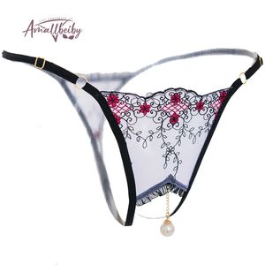 Perle pendentif ouvert tongs femmes sous-vêtements broderie sans entrejambe G String Tanga slips dentelle transparente Lingerie Sexy 231225