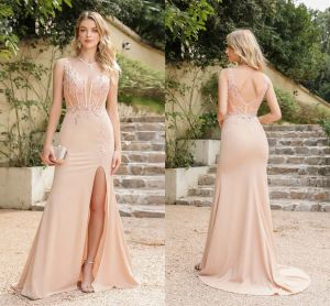 Pearl Pink Split Mermaid Avondjurken Nieuwe pure juweelhek Appliques Backless Long Prom -jurk CPS3037
