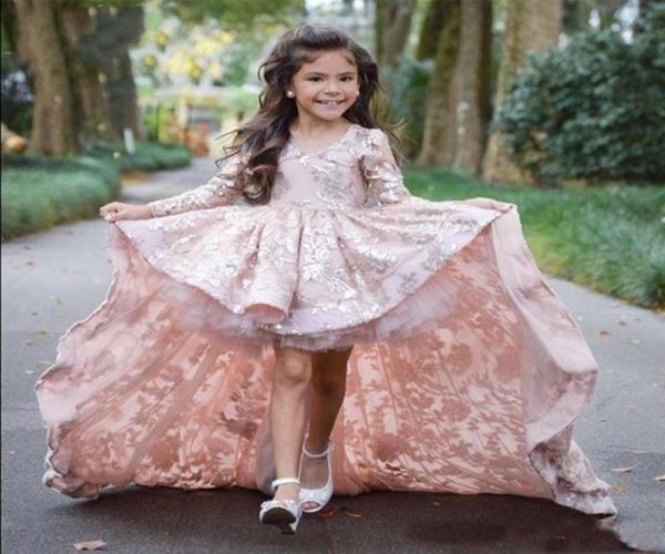 Perla Rosa Alto Bajo Manga larga Vestidos para desfile para niñas Apliques de encaje Volantes Tren de barrido Vestidos de fiesta de graduación para niños 69417149511064