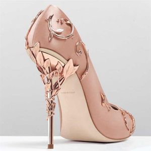 Zapatos de boda para novia, color rosa perla, oro rosa, hojas doradas, moda modesta, Eden, tacón alto, fiesta de noche, zapatos de fiesta para mujer, zapatos 221B