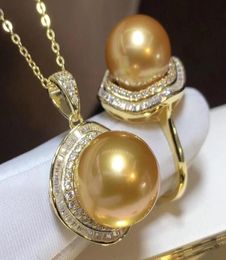 Pearl Set Fine Jewelry Round 1112 mm Natural de agua dulce de las perlas doradas para mujeres Presents Pendientes Pendientes Collar17338362