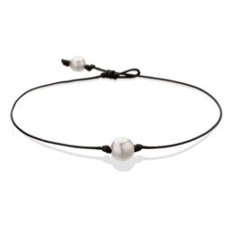 Collier de perles en eau douce cultivée en culture simple pour femmes bijoux en cuir authentique faits à la main noir 14 pouces300m