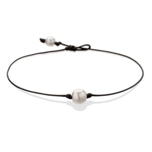 Pearl single Cultured zoetwaterparels ketting choker voor vrouwen echte lederen sieraden handgemaakt zwart 14 inches300m