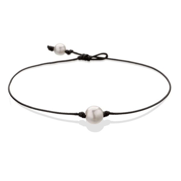 Gargantilla con collar de perlas cultivadas de agua dulce para mujer, joyería de cuero genuino hecha a mano, color negro, 14 pulgadas, 308g