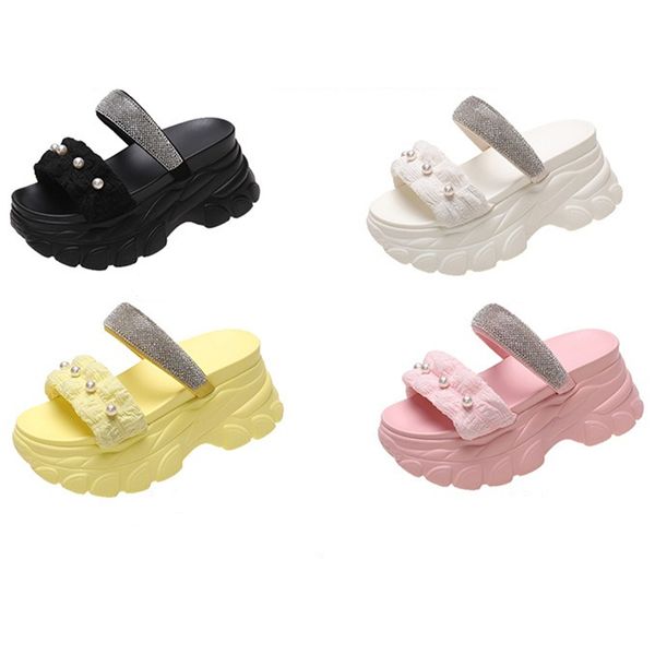 Zapatillas de perlas para mujer para usar en verano Versión coreana de moda Nueva celebridad de Internet Suela gruesa Pastel de esponja Zapatillas frescas Tacones altos Tendencia A012