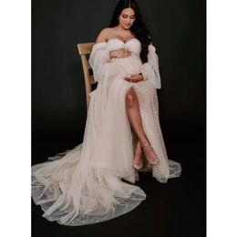 Robe de maternité en Tulle perlé, pour séance photo, manches longues bouffantes, épaules dénudées, robes de grossesse pour fête prénatale