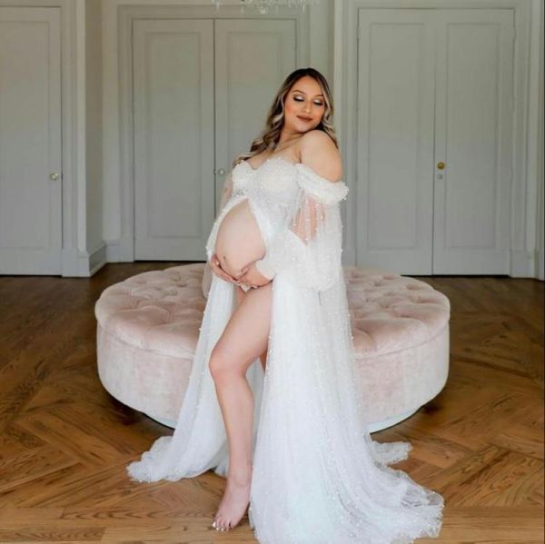 Perle Tulle maternité enveloppes robes pour pographie avant fendu à manches longues femmes Poshoot tenue Maxi robe de grossesse longue robe5976540