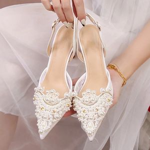 Perla boda encaje blanco para novias perlas punta punta elegante mujeres bombas verano tacones altos sandalias cómodos zapatos de novia CL07556 s