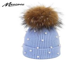 Bonnets en laine de perles femmes véritable fourrure naturelle Pom Poms mode perle tricoté chapeau filles femme bonnet bonnet pompon chapeau d'hiver pour les femmes5897914