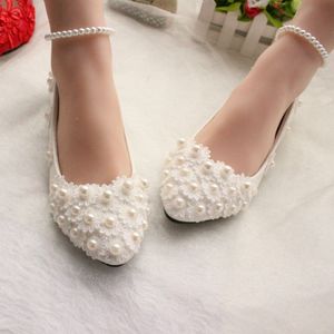 Pearls and Lace 2018 Wedding Shoes Flats Bridal Shoes Sweet Comfortable Flatforms Prom Party Shoes with Pearls Anklets