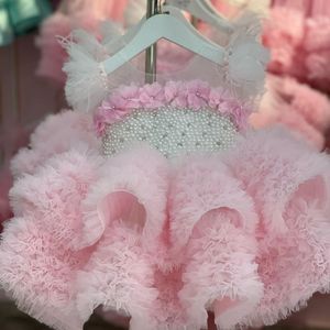 perles robe de bal robes de fille de fleur strass fête de mariage Tulle sans manches fatigué princesse fille robe perlée Tulle Pageant robe filles sainte Communion robes