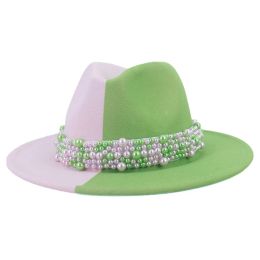 Pearls Band Fedoras Hat Lime Green et Pink Patchwork Felt Hat For Women Men Jazz Church Top Hat Wide Brim Panama Cap