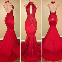 Lang rood zeemeermin prom jurken diep v nek kanten applique kant halter backless formele avondkleding jurken op maat gemaakt