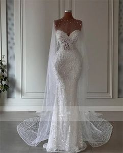 Vestido De novia De sirena con perlas De Dubái, Vestido De novia con capa y escote con forma De corazón, personalizado