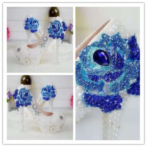 Pearls Flower Trouwschoenen Blue Diamond Rose Pumps High Heels Bridal Shoes 14cm Bling Bling Prom Schoenen voor Dame