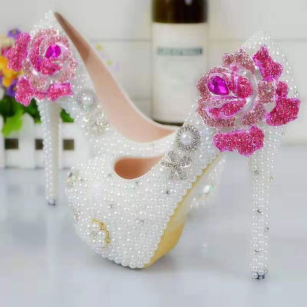 Perles fleur chaussures de mariage diamant Rose Rose pompes talons hauts chaussures de mariée 8 cm 11 cm 14 cm Bling Bling chaussures de bal pour dame