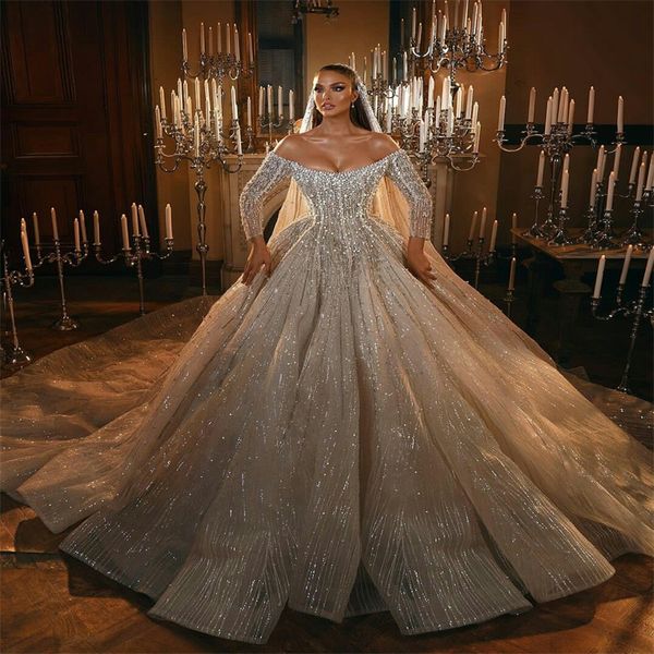 Perles Glitter Robe De Mariée Hors Épaule Cristal Perles Robes De Mariée Manches Longues Balayage Train Paillettes Robe De Mariee