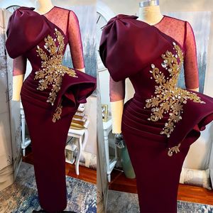 Wine Red 3/4 Sleeves Evening Dresses Bow Decorated The Shoulder Appliqued Beaded Crystal Simple Tulle Satin Prom Gowns Vestidos robes de soierr