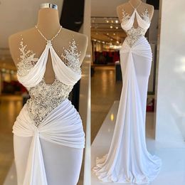 Pearls Ivoor Saoedi -Arabisch Dubai Bridal Moderne jurken Sexy mouwloze kralen trouwjurken vloer lengte