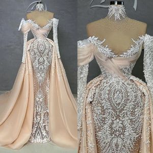 Pearls luxe prom -jurken pure high necy illusie feestjurken kanten kralen borduurwerk op maat gemaakte avondjurk