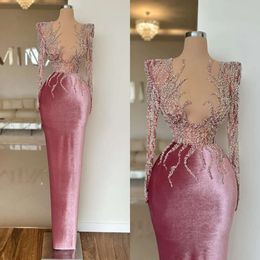 Parels Mermaid stof roze elegante v nek veet prom jurk kralen lange jurken voor speciale ocns lange mouwen avondjurken eet es es