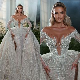 Pearls Mermaid Wedding Detachable Train Pailletten Off Shoulder Bruids Jurken Lange mouwen Illusie Bruid Jurken Custom Made 0523