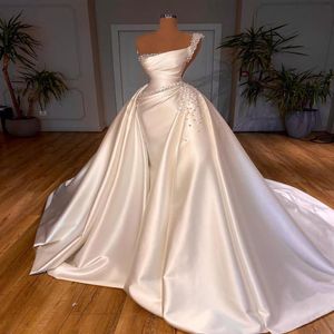 Perles Sirène Robes De Mariée Sans Manches Une Épaule Paillettes Train Détachable Satin Robes De Mariée240K