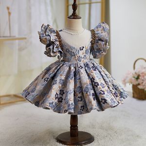 Robes de fille de fleur en satin à paillettes de perles, col de bijoux, nœud papillon bouffant, robes de bal de princesse pour mariage, fête d'anniversaire, brillant bling, robe de concours pour tout-petits filles