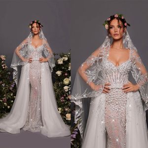 Parels pailletten elegante zeemeermin bruiloft spaghetti banden bruidsjurken op maat gemaakte illusie bruid jurken plus maat