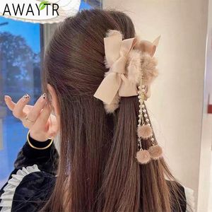 Parels Tassel Haar Klauwen vrouwen elegante boog faux bontgrepen zoete lange haar houd pluche clips haarpin mode hoofdtoets accessoires