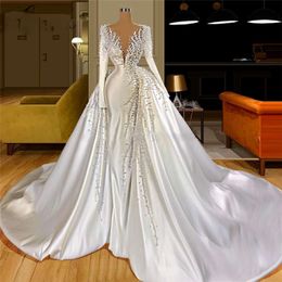 Pearls Wedding mode lange mouwen op maat gemaakte bruidsjurken Verwijderbare rok v-hals hoftrein bruid jurk 2023