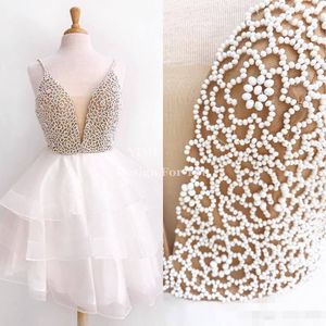 Vestidos de Fiesta con cuentas blancas y perlas, escalonados, transparentes, con escote en V profundo, tirantes finos, vestidos de fiesta de cola hechos a medida