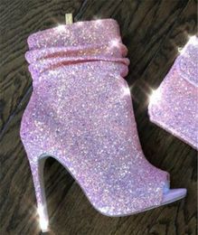 Peep Stiletto Bling Toe Glitters korte gladiator laarzen slip-on roze lovertjes lovertjes hoge hiel enkel laarsjes grote size hakken 5 s