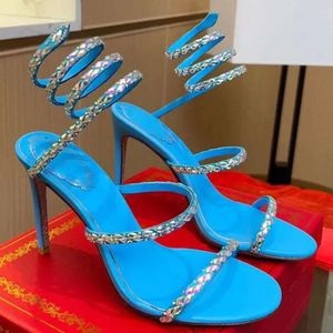 Peep Women Summer Heel Sandals High Toe Runway Designer Crystal enkelwikkel Sexy feestjurk 136