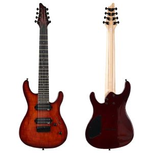 Pinnen 8 Strings Tree Burl Top Elektrische gitaar 39 inch Rood Solid OKoume Hout Body Matte afwerking 24 Frets 5 PCS Maple Wood Combine Neck