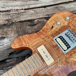 Pinnen Acepro Natural Color Electric Guitar Roast Maple Neck 2 -stuk Mahonie Body Spalted Maple Top Abalone Dots Inleg gratis verzending