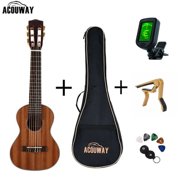 Pegs Acouway 28 pulgadas Guitaria Guitalele Guitarlele Hawaii Ukulele Sapele Body 6 cuerdas 18 Trets Pandilla clásica con bolsa opcional, sintonizador