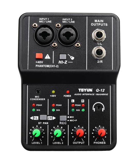 PEGS Mini Audio Mixer Carte son avec moniteur Guitare électrique Enregistrement de diffusion en direct pour Studio Singing Computer PC Teyun Q12