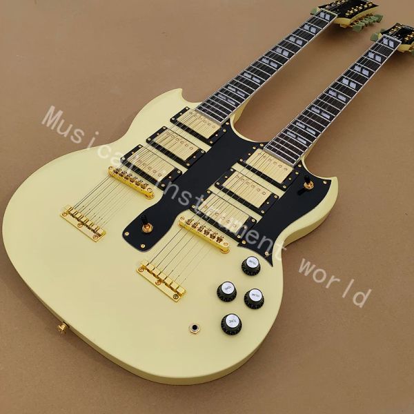 Pegs Ceci est une guitare électrique à double tête professionnelle professionnelle avec un corps jaune crème, un son unique et magnifique