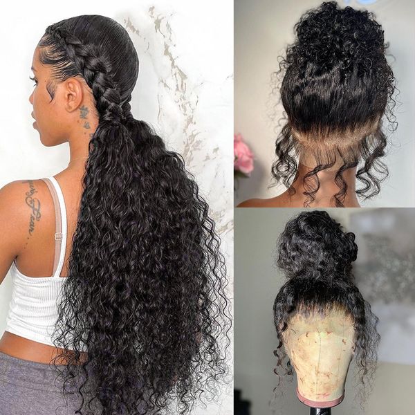 Pelucas HD Deep Wave 13x4 Peluca frontal de encaje 250% Rizado brasileño 360 Pelucas delanteras de encaje completo para mujeres Peluca sintética negra de pelo resistente al calor