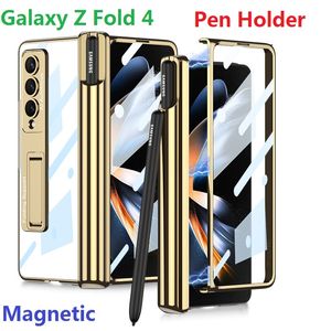 Fundas con soporte para bolígrafo para Samsung Galaxy Z Fold 4, Protector de pantalla de película de vidrio, soporte de bisagra magnética, cubierta dura