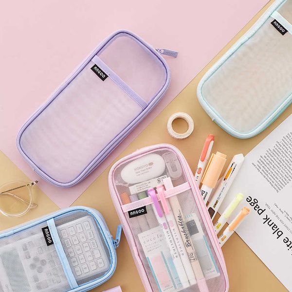 Sacs à crayons 1pcs Angoo Transparent Mesh Pencil Case Pen Bag Haute Qualité Crème Glacée Couleur Pochette De Rangement Organisateur pour Papeterie École J230306