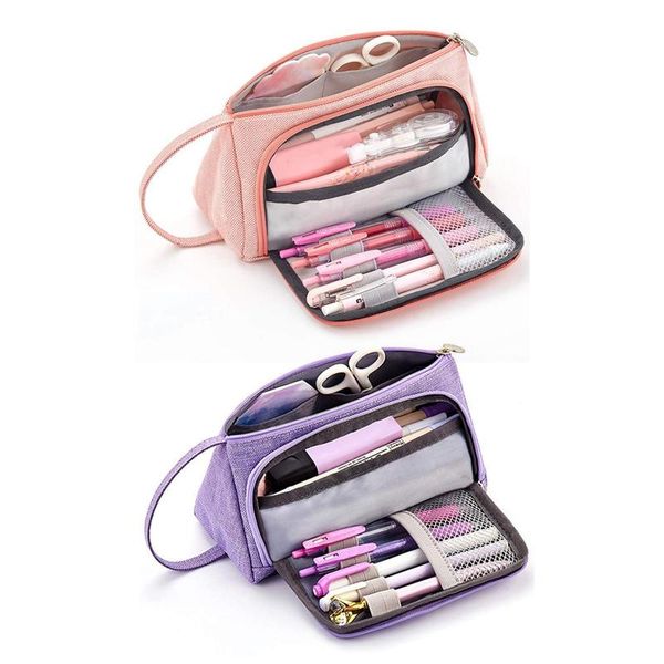 Sacs à crayons 2x pochette de rangement en lin de couleur marqueur étui à stylo papeterie porte-sac pour collège bureau rose violet