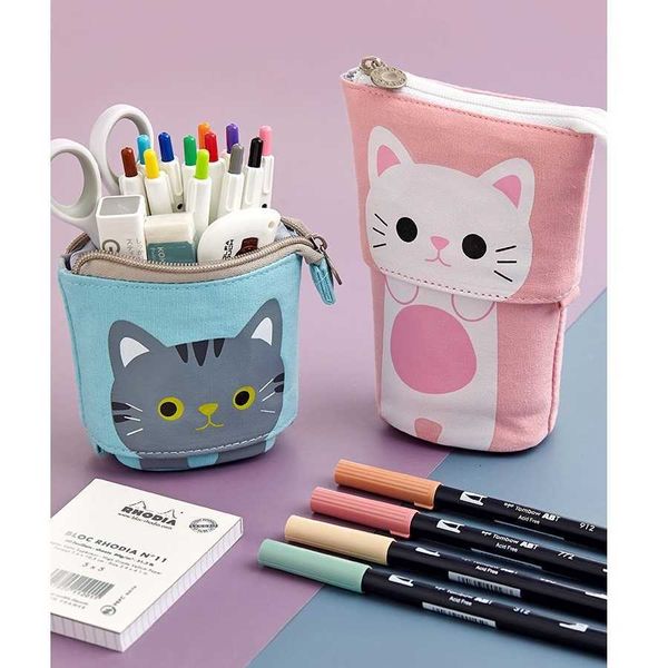 Bolsas de lápices Angoo Pen Pencil Bag Case Cartoon Cute Cat Bear Sheep Canvas Fold Standing Holder Papelería Organizador Niños Regalo A6445 J230306
