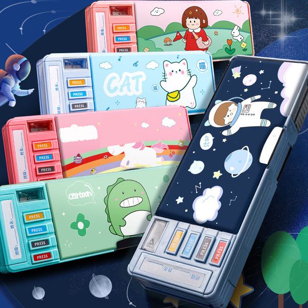 Estuches para lápices Estuche Kawaii Papelería Útiles escolares Caja de bolígrafo multifunción linda Astronauta Gato Dinosaurio Doble capa 230704