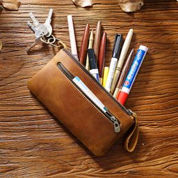 Potloodzakken van Thenon Retro Crazy Horse Leather Zipper Pen Bag draagbare grote capaciteit pen kas potloodzak Teacher Bag Vintage briefpapier 230417