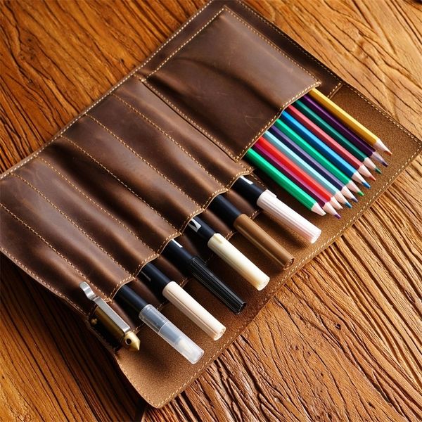 Sacs à crayons Étui à crayons en cuir véritable Pen Roll Up Bag Retro Multifonctionnel Storage College Art Stuff Organizer Wrap Pliable Tool Pouch 230417